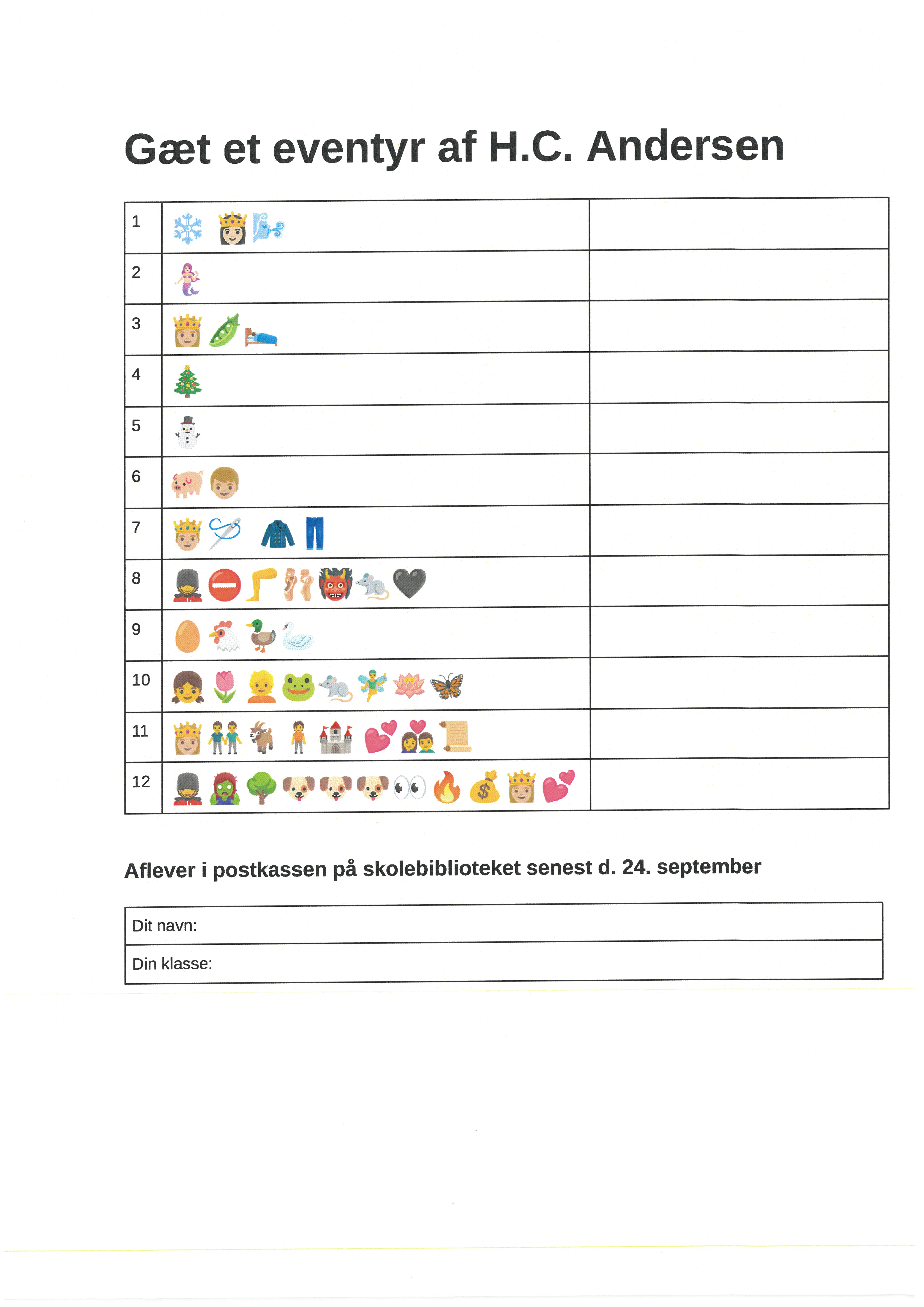 Skema med emoji-beskrivelser af H.C. Andersens eventyr